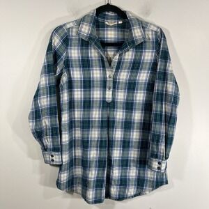 Uncommon Threads Blue Plaid Quarter Button Pullover Long Sleeve Top Women's XS